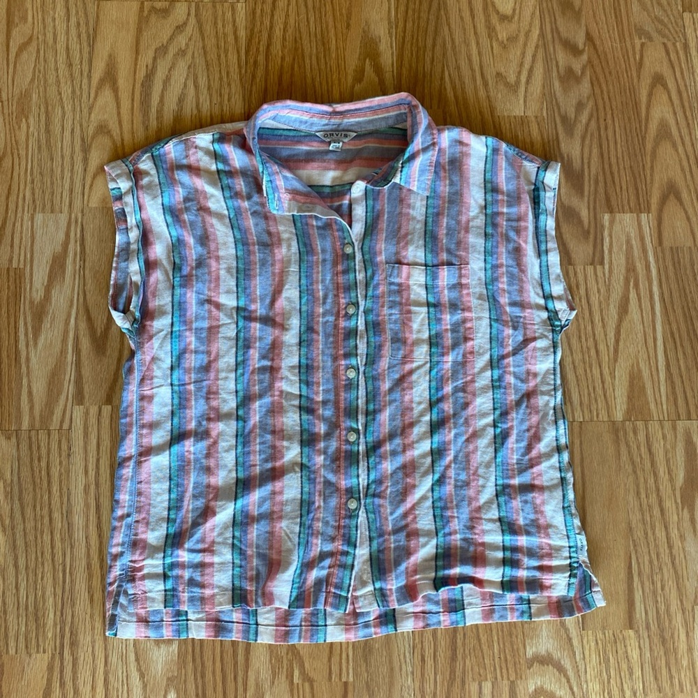 Orvis Women's Short Sleeve Linen Blend Cuffed Sleeve Medium Striped